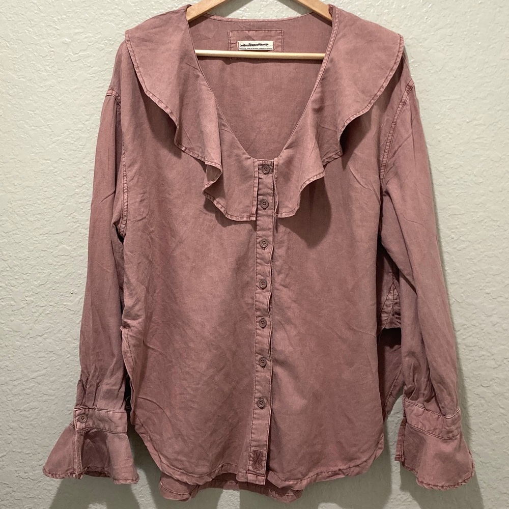 We The Free Ruffle Collar Ruffle Cuff Dusty Pink Button-up Blouse, size M